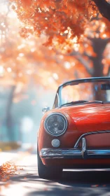 Red vintage convertible is parked beneath soft orange foliage