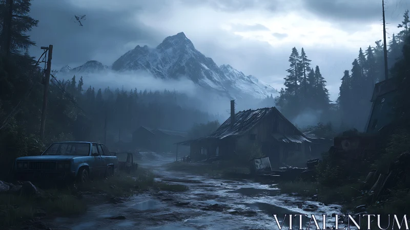 Abandoned rural road under misty mountains with wet reflective mud