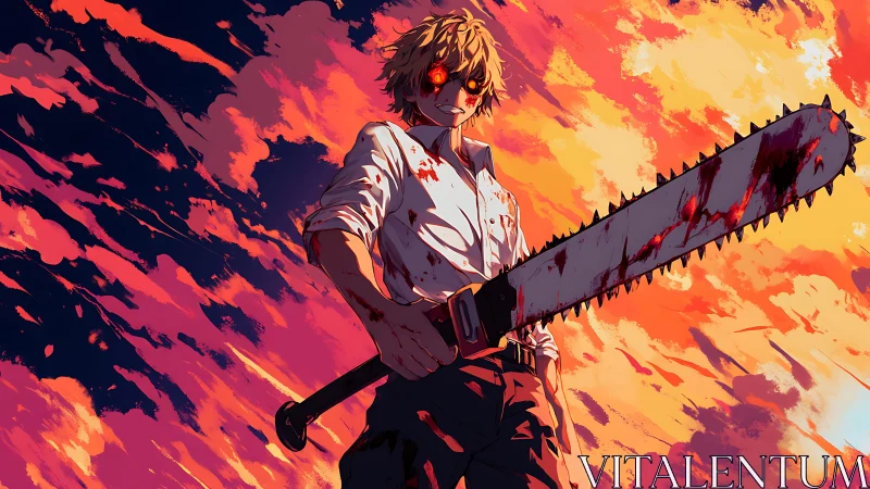 Bloodstained chainsaw wielder under incendiary anime sky.