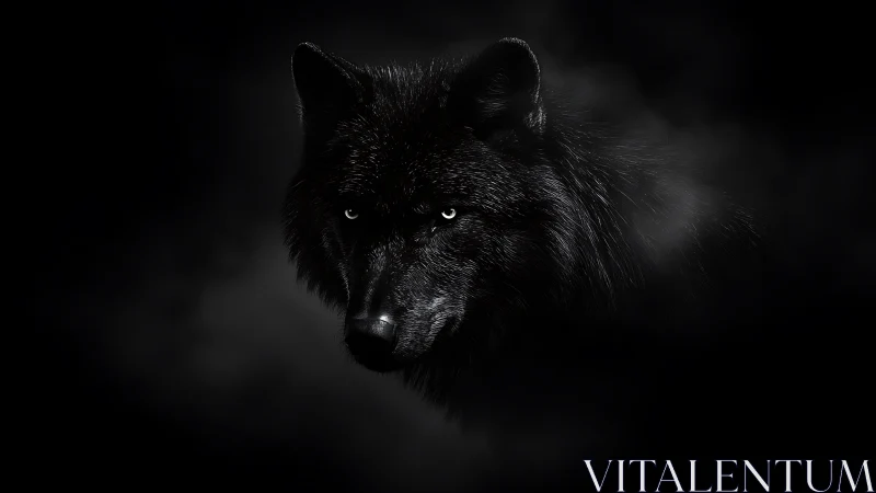 Black wolf head is rendered with high contrast lighting in dark