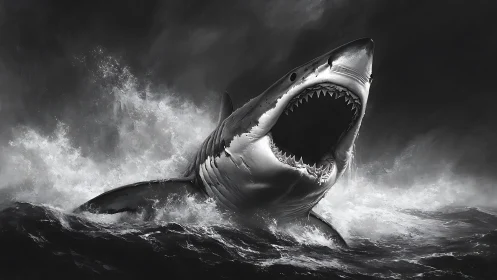 Great white shark breaching through storm-tossed monochrome sea.