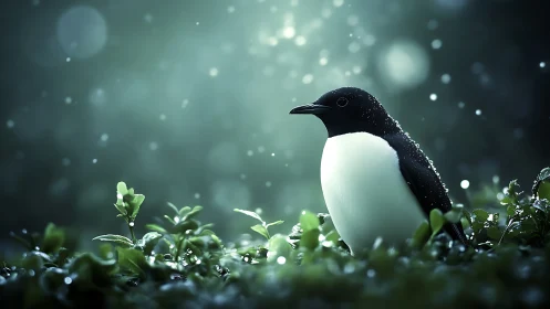 Elegant Black and White Bird in Dewy Green Foliage, Soft Focus.