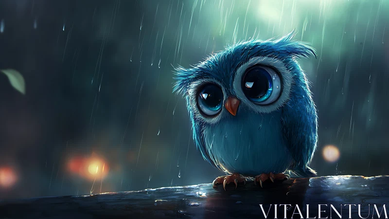 Cute blue cartoon owl with big eyes in the rain, digital art style.