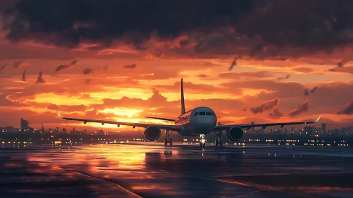 Airliner aligns on wet runway under high-saturation sunset sky