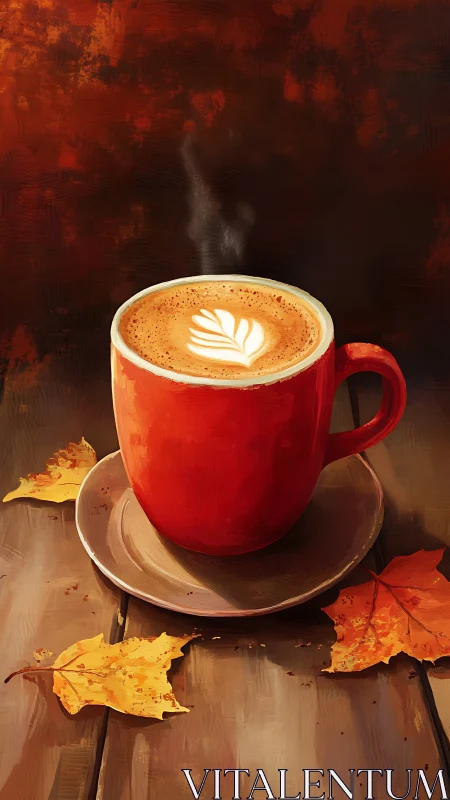 Red mug of latte on wooden table with autumn leaves.