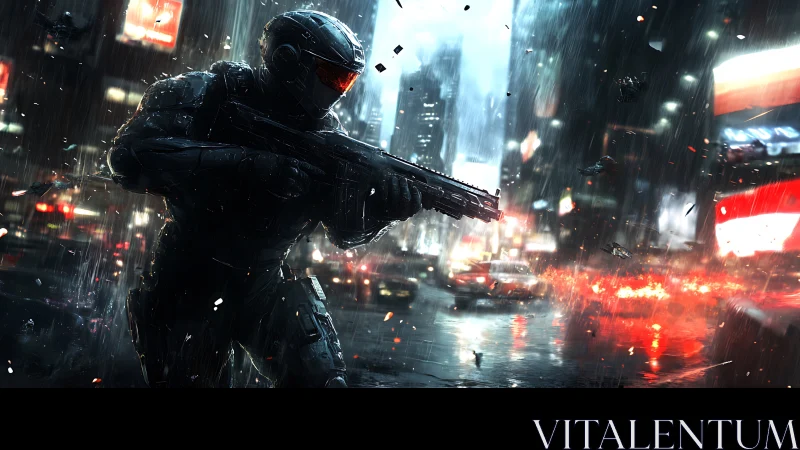 Armored soldier advances through neon-soaked city firefight.