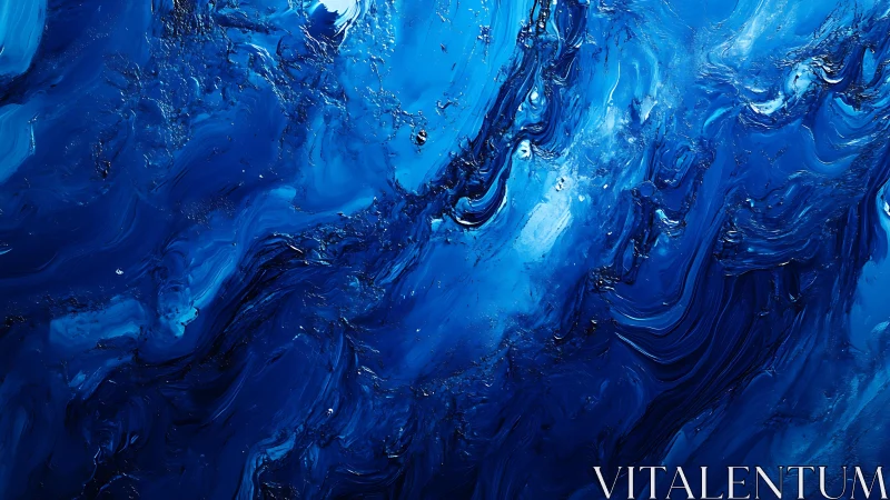 Vivid Abstract Blue Painting with Swirling Brushstroke Texture.