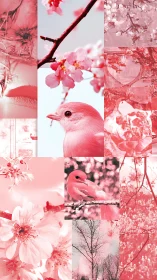 Monochrome pink collage with birds, blossoms, and trees.