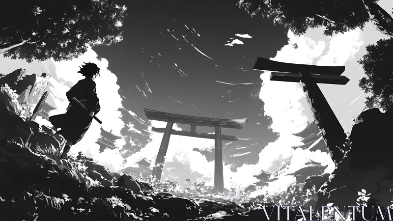 Lone samurai surveys stormlit torii valley in monochrome.