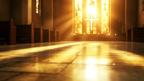 Golden light pours across a tranquil church interior floor.