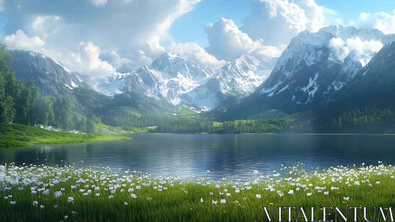 Snow-covered mountain range surrounds reflective alpine lake