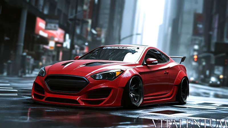 Red modified coupe is rendered on a wet urban street