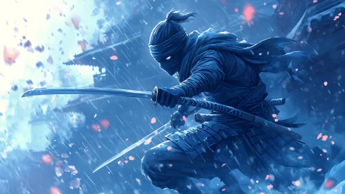 Masked blue-clad warrior poised with dual katanas in rainstorm.
