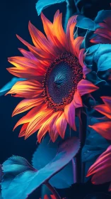 Neon sunflower glows against deep teal night foliage.