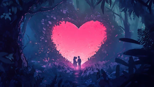 Silhouetted Figures Before Luminous Heart-Shaped Formation