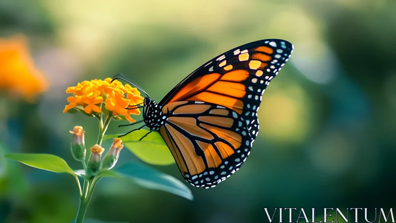 Monarch butterfly rests on yellow flower in soft daylight