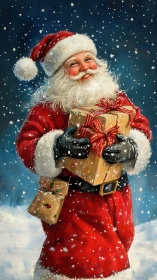 Classic Santa Claus with gift box under softly falling snow