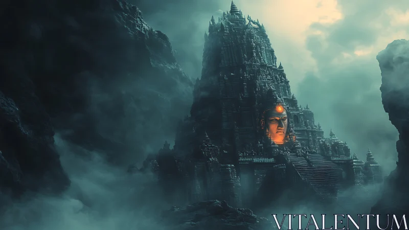 Ancient mist-shrouded mountain temple with glowing deity face.