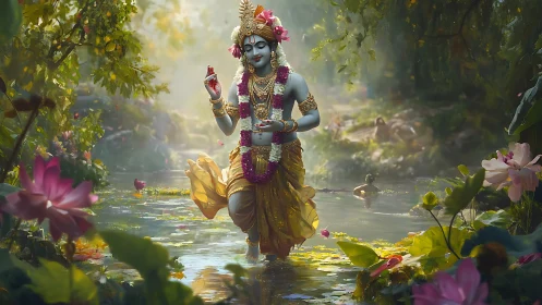 Graceful blue deity walks through a sunlit lotus river