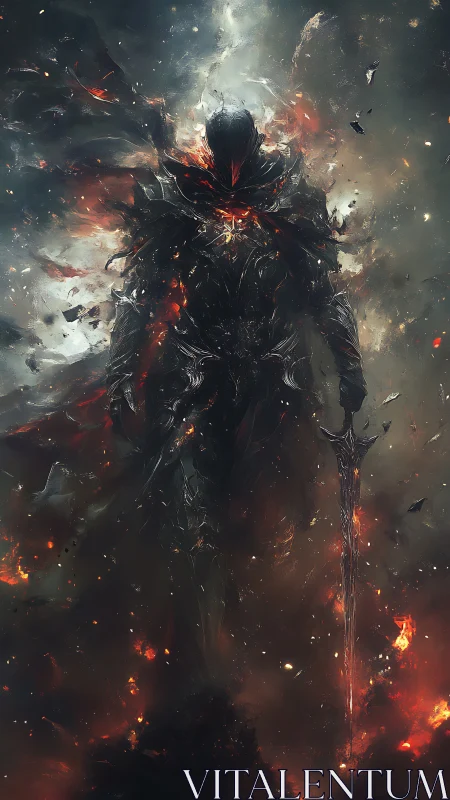 Armored dark figure stands amid fire, smoke and embers