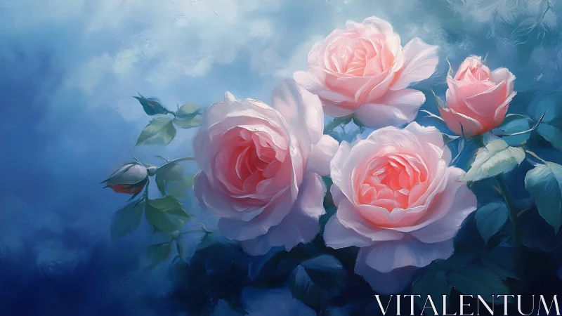 Soft-Focus Pink Roses Rendered with Atmospheric Blue Gradient Background.