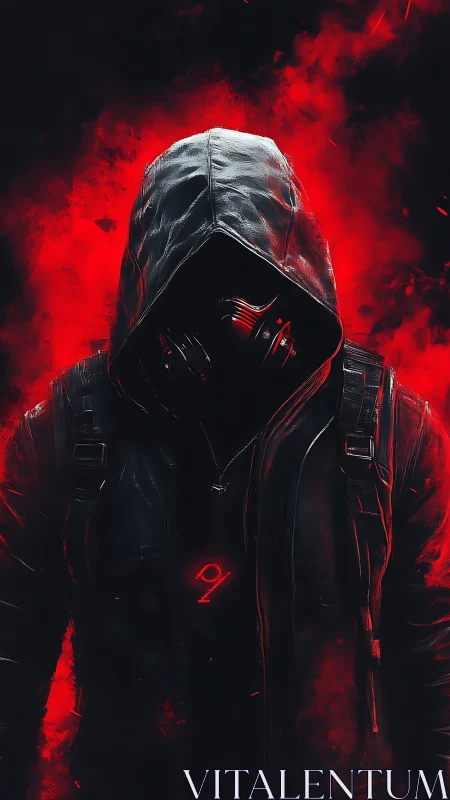 Hooded emberwalker stalks through neon crimson smoke