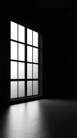 Tall grid window casting light into dark empty room.