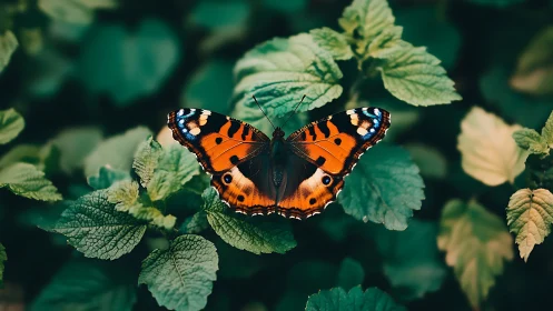 Orange butterfly on green foliage in centered close view.
