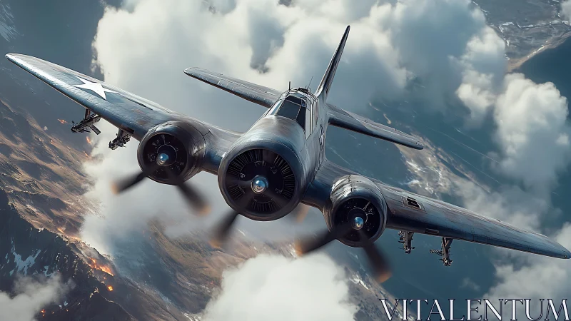Steel warplane cuts through storm-bright high clouds.