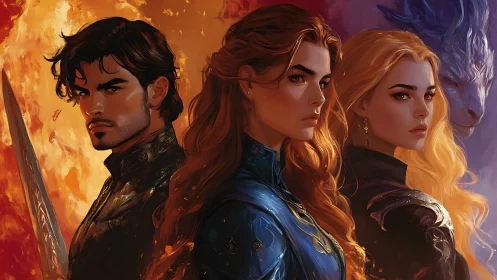 Fantasy warriors with dragon in fiery and violet light.