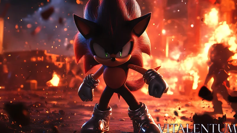 Ember-charged hedgehog warrior strides through blazing ruins.