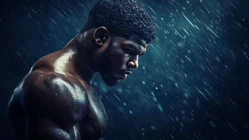 Athletic Male Profile in Rainfall: Digital Portraiture with Atmospheric Lighting.
