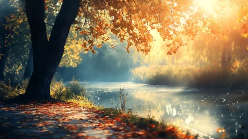Golden riverbank glow beneath whispering autumn canopies.