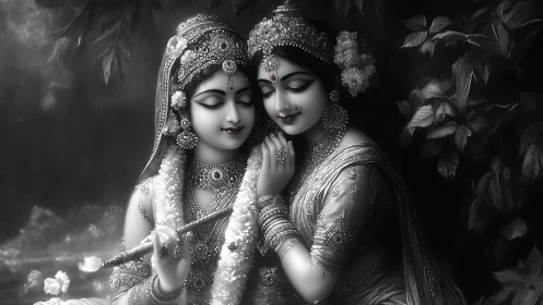 Monochrome depiction of two adorned figures in foliage.