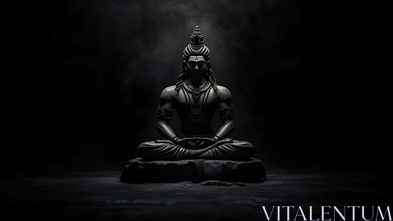 Serene meditative deity in dramatic monochrome lightscape.