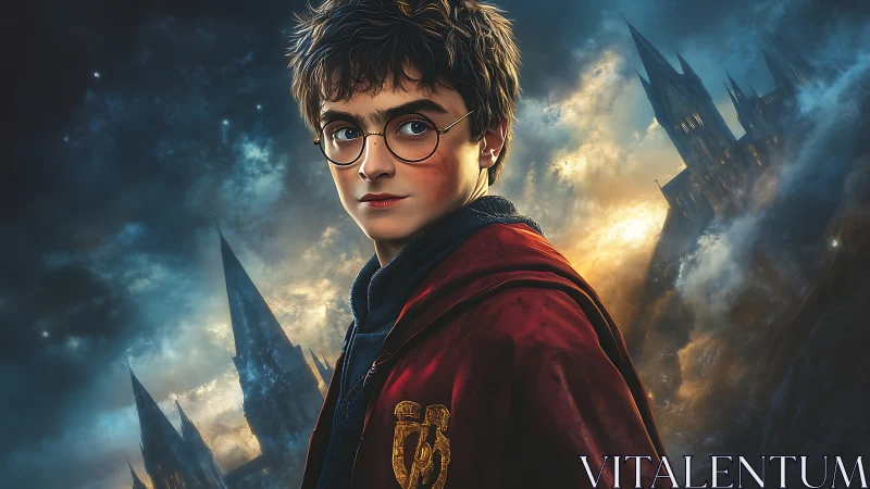 Young wizard portrait before stormy gothic castle.