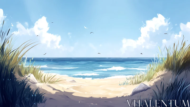 Sunlit dune pathway opening onto a peaceful summer sea.