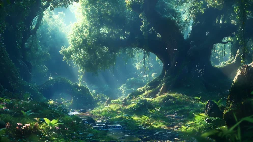 Sunlit Forest Cavern with Pristine Stream