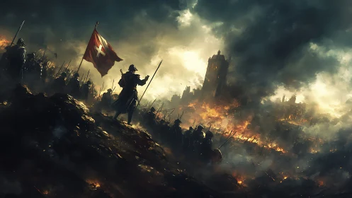 Medieval army marches toward burning city under smoke