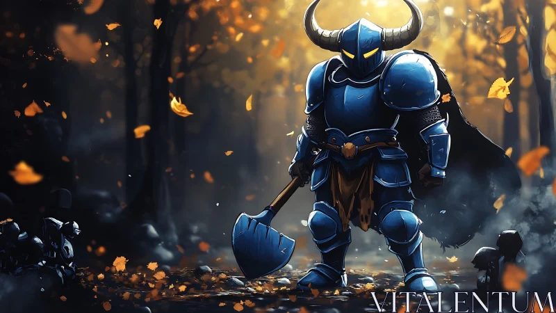 Horned blue knight poised in glowing autumn forest scene.