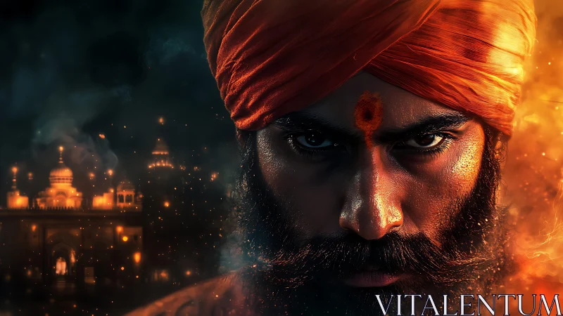Fierce turbaned guardian bathed in firelit temple glow.