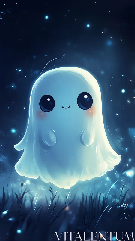 Cute glowing ghost character floating in night scene.