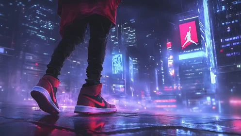 Neon-soaked cyberpunk street framed by red sneakers in motion