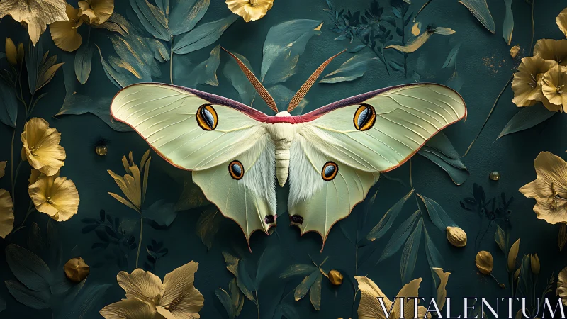 Pale green moth on dark teal floral background, centered.