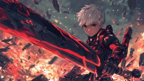 Cyber warrior raises massive flaming blade in battle