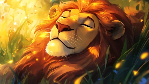 Lion resting in sunlit grass with warm orange highlights.