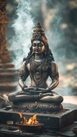Incense smoke curls while the serene Shiva statue keeps vigil