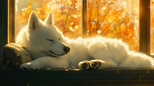 White dog resting on sunny autumn window ledge calmly.