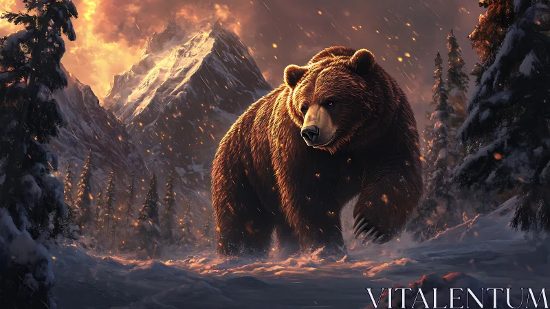 Mountain dusk crowns a wandering grizzly in embered snow