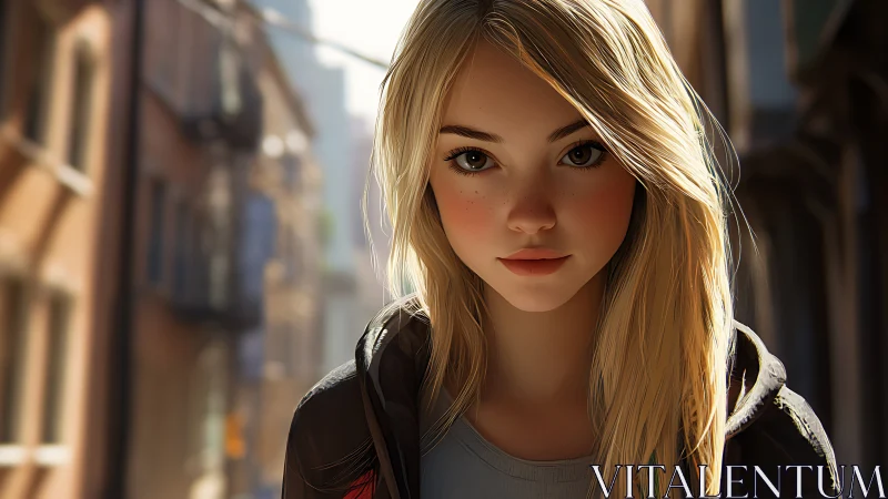Sunlit alley daydream with a freckled blonde wanderer.